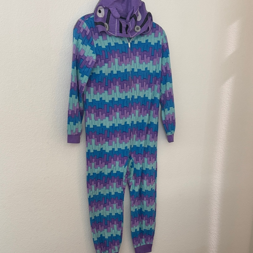 Kids Hooded One-Piece Footie in Purple & Teal Geometric Print